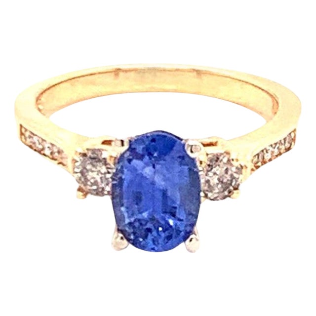 Diamond Blue Sapphire Ring 14k Gold Women 1.67 TCW Certified, Size 6.25 For Sale