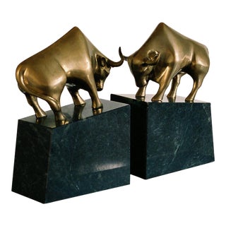 1960s Marble and Brass Bull Bookends - a Pair For Sale