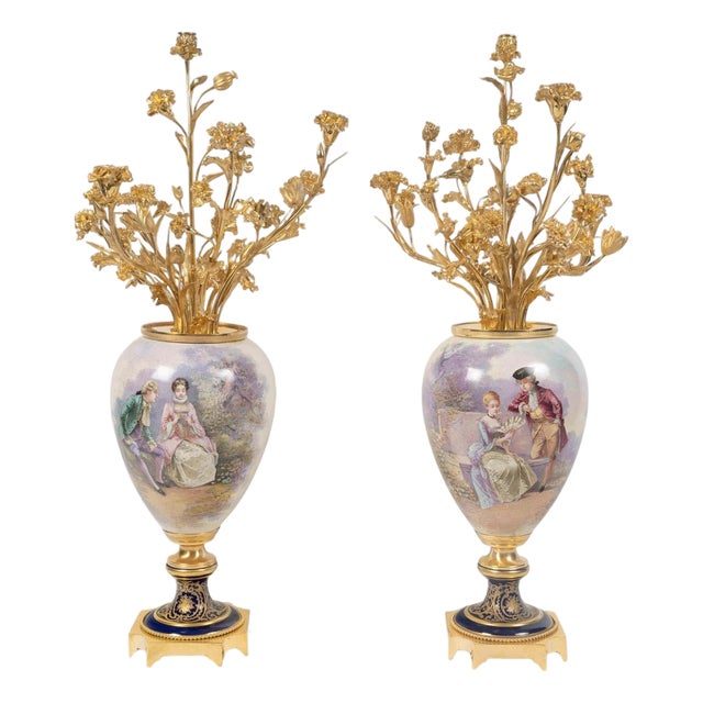 Large Porcelain Vases with Gilt Bronze Bouquets, 19th Century, Set of 2 For Sale
