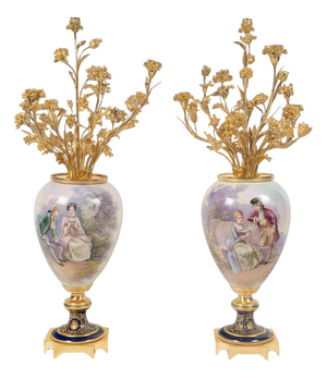 Large Porcelain Vases with Gilt Bronze Bouquets, 19th Century, Set of 2