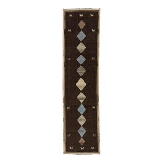 Hand-Knotted Modern Gabbeh Wool Runner – Dark Brown Tribal With Diamond Pattern For Sale