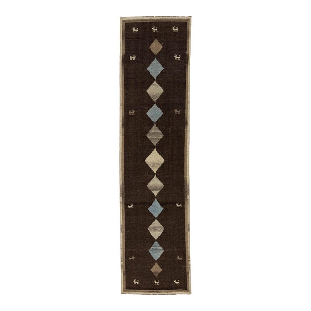 Hand-Knotted Modern Gabbeh Wool Runner – Dark Brown Tribal With Diamond Pattern For Sale