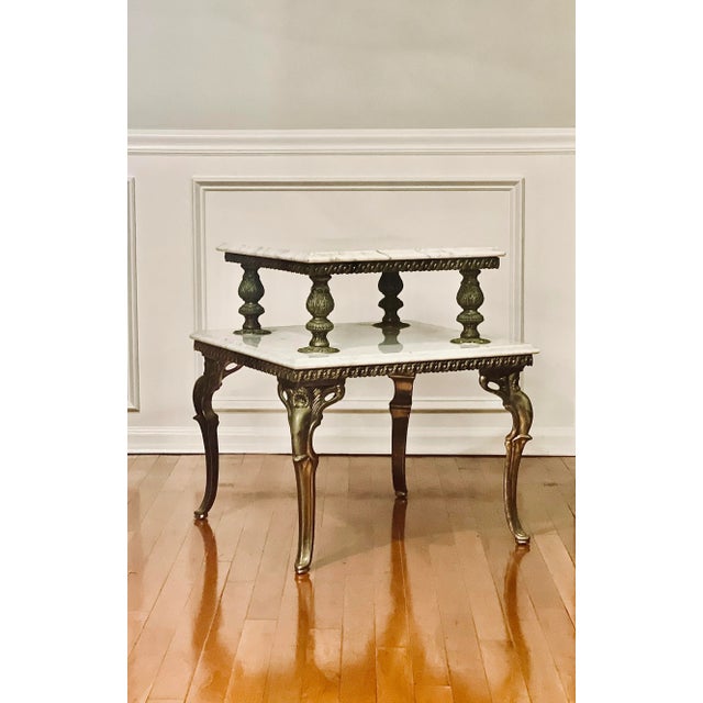 1940s French Gilded Brass and Carrera Marble Two Tier Side Table For Sale - Image 10 of 10