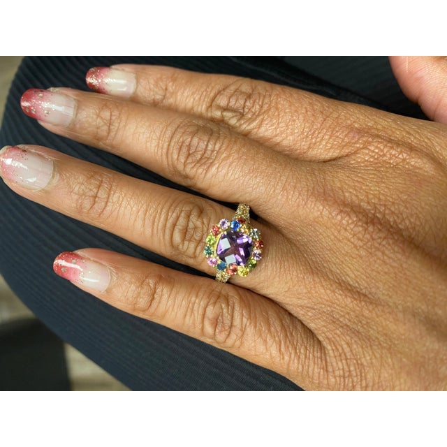 Metal 2.38 Carat Amethyst Sapphire Diamond Yellow Gold Cocktail Ring For Sale - Image 7 of 8
