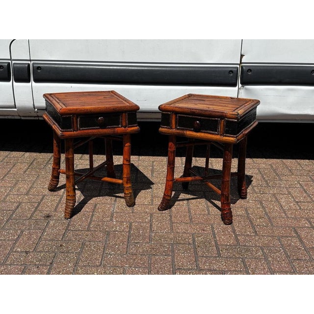 Wood Bamboo Bedside Tables with Drawer, Set of 2 For Sale - Image 7 of 11