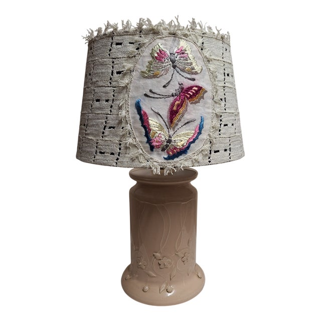 Vintage Table Lamp with Beige Floral Decorated Ceramic Base and Handmade Fabric Shade from Lamplove, 1970s For Sale