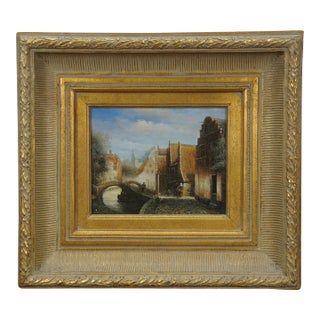 Late 20th Century Old Dutch Canal Cityscape Oil Painting on Board After Johannes Spohler 20" For Sale