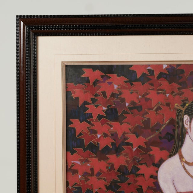 Lofty vintage gouache painting on paper of the water bearer goddess in a garden setting, executed in an Asian influenced...