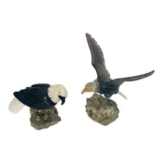 1960s Pair Eagle Semiprecious Stones Birds Sculptures on Pirite Bases For Sale