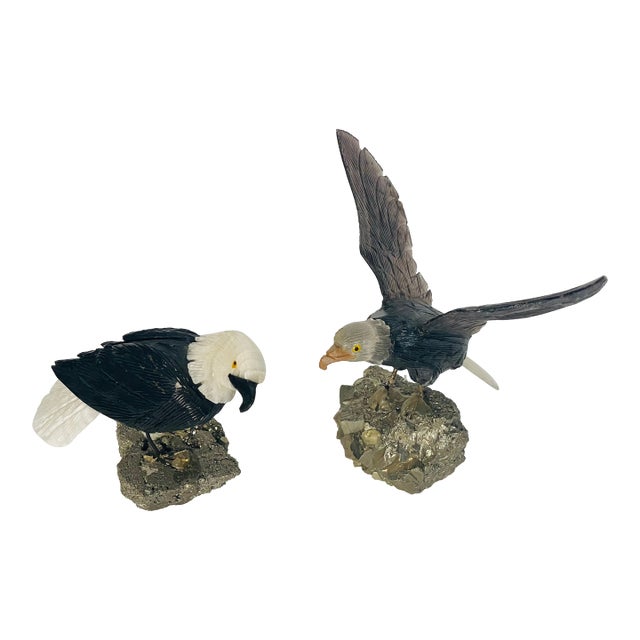 1960s Pair Eagle Semiprecious Stones Birds Sculptures on Pirite Bases For Sale