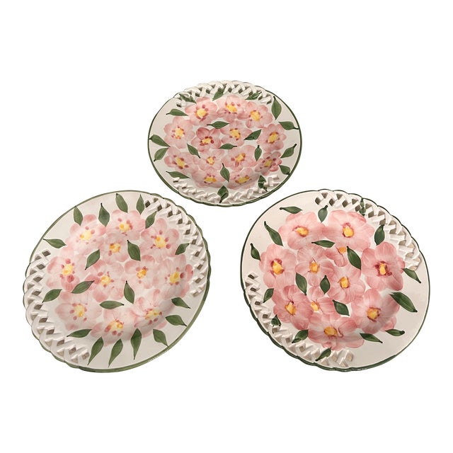 Casafina Handpainted Reticulated Majolica Dogwood Blossom Plates - Set of 3 For Sale