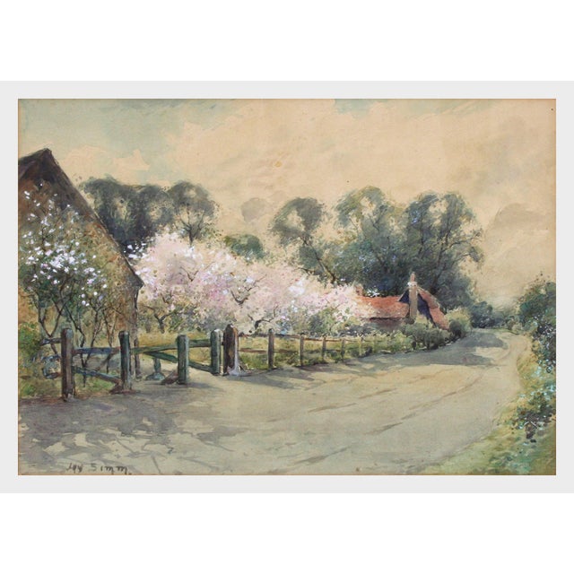 Lovely pastoral landscape of beautiful spring blossoms lining a quiet country lane by Jay Simm (American, 20th Century),...