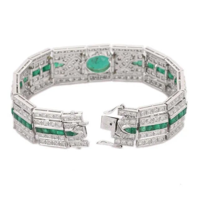 Not Yet Made - Made To Order 18kt Solid White Gold Bold Diamond and Emerald Studded Bold Bracelet For Sale - Image 5 of 6