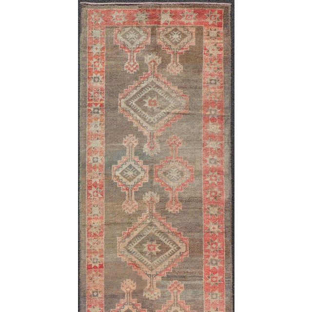 Turkish Oushak Runner With Coral Red and Taupe Geometric Medallion Design For Sale - Image 4 of 12