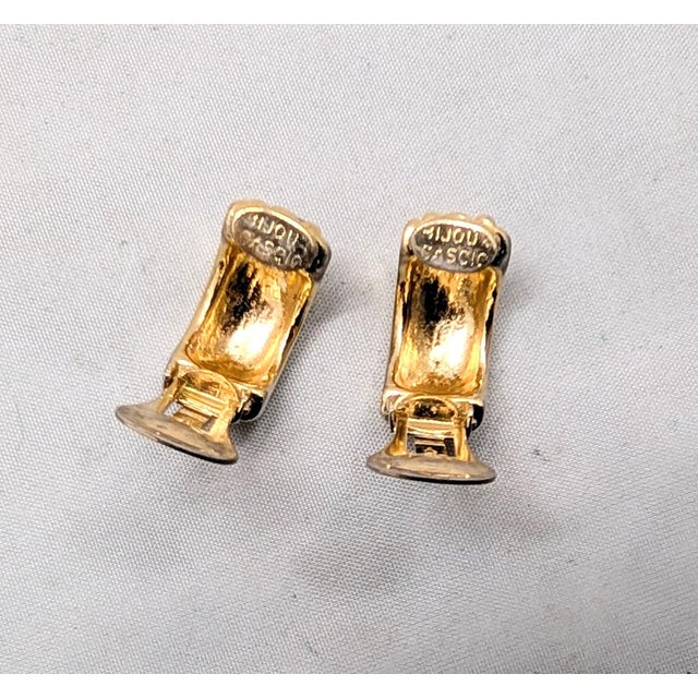 Gold Vintage Signed Bijoux Cascio Italy Faux-Ruby, Sapphire, Emerald & Clear Rhinestone Half Hoop Clip Earrings-2 Pieces For Sale - Image 8 of 8