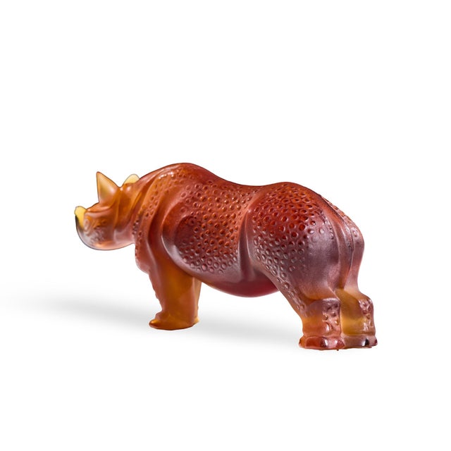 Glass Lalique French Crystal Amber Rhino Sculpture For Sale - Image 7 of 9