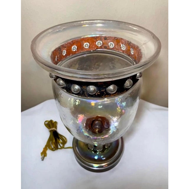 Mexican Mid 20th Century Brutalist Derflingher Style Blackened Copper Iridescent Caged Glass Hurricane Lamp For Sale - Image 3 of 12
