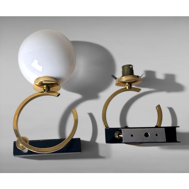 Mid 20th Century Maison Lunel Style Pair of French Modernist Brass and Opaline Glass Sconces - a Pair For Sale - Image 6 of 18
