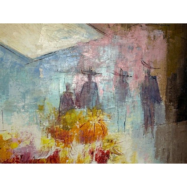 This oil on canvas painting by Mexican-American artist Juan R. Noguez (b.1929) depicts a flower market scene with buckets...