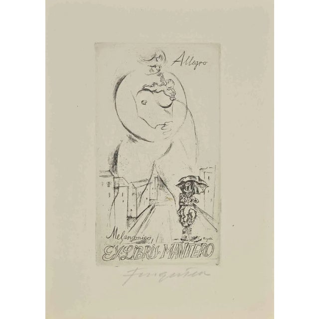 Michel Fingesten, Ex Libris Mantero, Melanconico-Allegro, Etching, 1930s For Sale