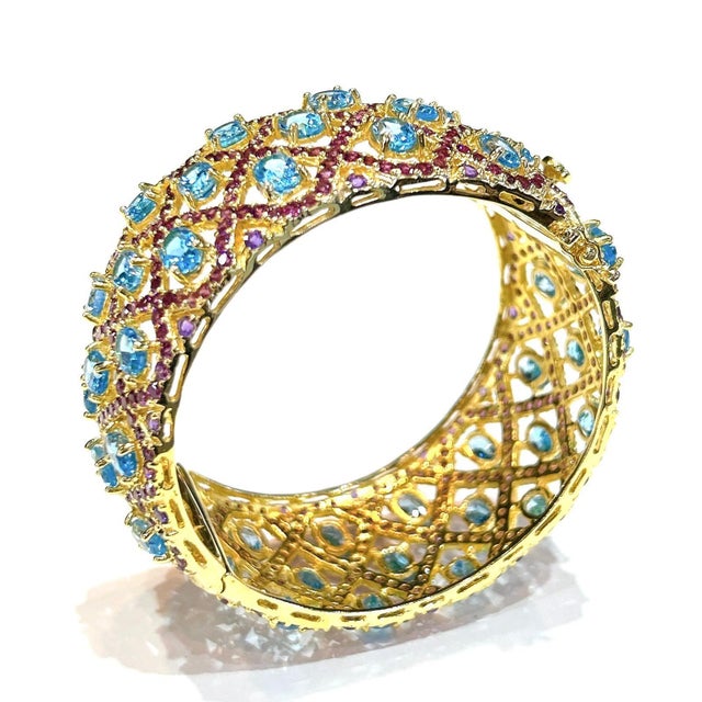 Bochic “Capri” Vintage Blue Topaz, Sapphire & Amethyst Cuff 18K Gold & Silver For Sale - Image 13 of 13