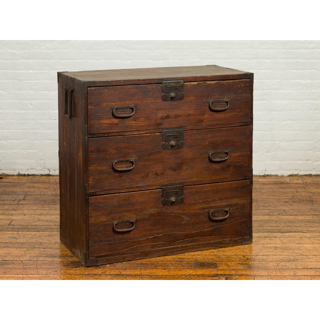 Japanese Meiji Period 19th Century Keyaki Wood Tansu Three Drawer