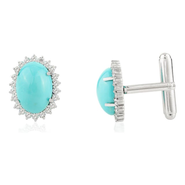10.35 CTW Turquoise Stone With Halo Set Zircons Cluster Cufflinks for Men’s- A Pair For Sale