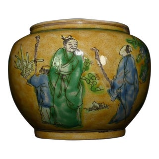 1950s Sancai Yellow Ground Porcelain Jar, Chinese Scholar Figural Scene Pot For Sale