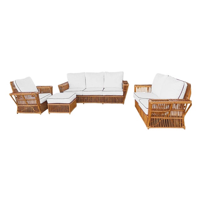 Deco Style "Presidents" Stick Reed Rattan Nantucket Sofa/Lounge Living Room Set For Sale