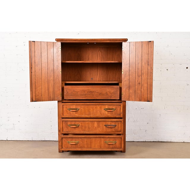 1970s Thomasville Mid-Century Modern Campaign Walnut Armoire Dresser, Circa 1970s For Sale - Image 5 of 13
