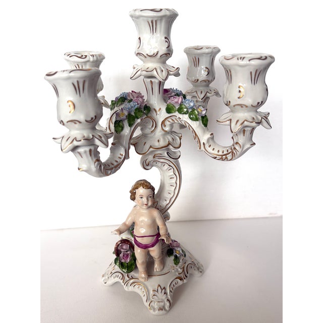 Vintage Porcelain Five-Light Candlestick, 1920s, in Very Good conditions. Designed 1920 to 1949 This piece has an...