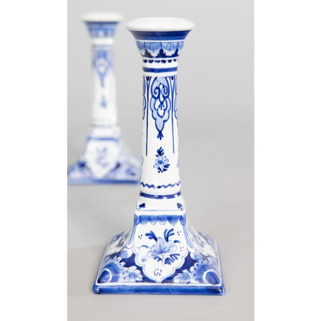 Delft Vintage Dutch Delft Faience Floral Candlesticks - a Pair For Sale - Image 4 of 8