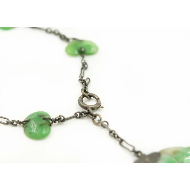 Antique Art Deco Carved Jade Leaf Sterling Silver Charm Pendant Bracelet For Sale - Image 4 of 6