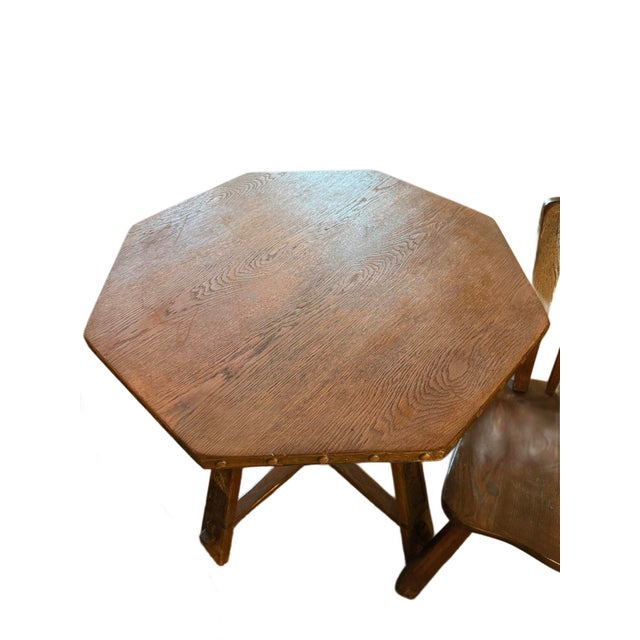 Farmhouse Early 20th Century Antique Solid Oak Wood Octagonal Shaped Dining Table With Three Chairs For Sale - Image 3 of 12