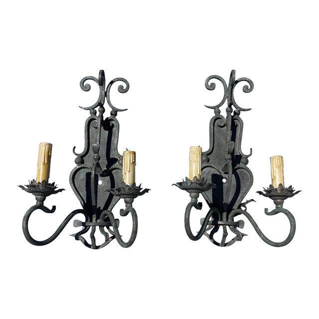 Arte De Mexico N. Hollywood Hand Wrought Iron Handmade Wall Light Sconces, Pair For Sale