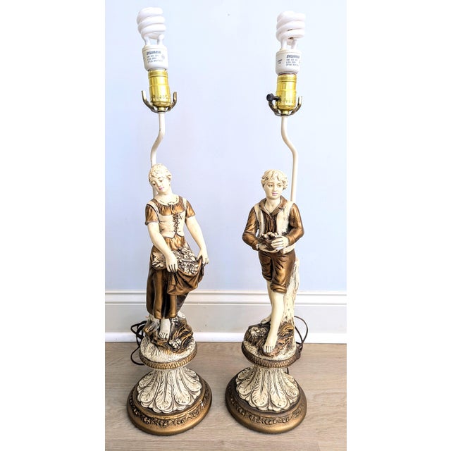 Mid 20th Century French Figurative Lamp Boy Girl Peasants Chalkware - a Pair For Sale - Image 4 of 13