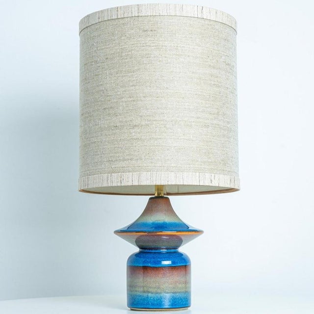Blue Ceramic Table Lamps with Silk Lampshades from Soholm, Denmark, 1960s, Set of 2 For Sale - Image 11 of 12