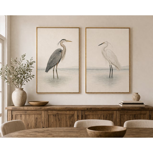 Heron & Egret Coastal Set of 2, Neutral Bird Wall Art Prints, Reproduction For Sale In Buffalo - Image 6 of 9