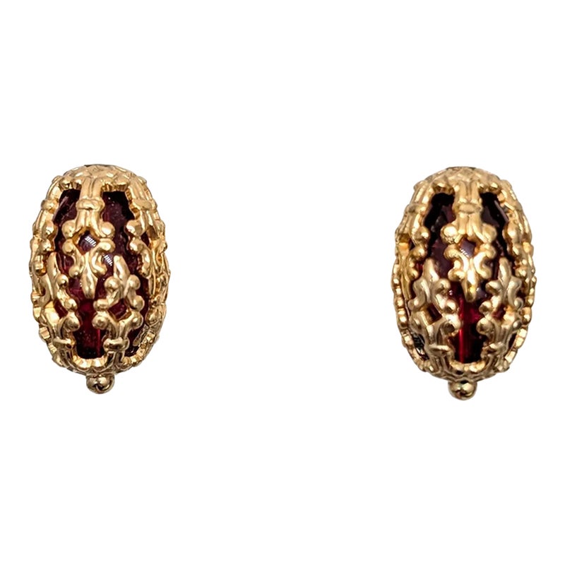 Vintage 1950s Signed Napier Goldtone Filigree Faux-garnet Clip Earrings