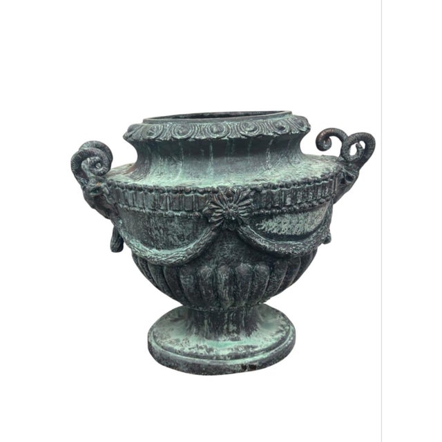 Neoclassical Neoclassical Classical Style Cast Iron Garden Urn With Ram's Head Handles For Sale - Image 3 of 11
