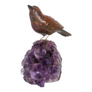 Late 20th Century 14k Gold, Carved Jasper Bird on an Amethyst Rock Geode