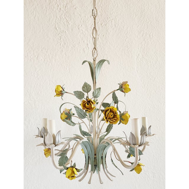 Vintage Italian Tole Painted Floral Chandelier For Sale