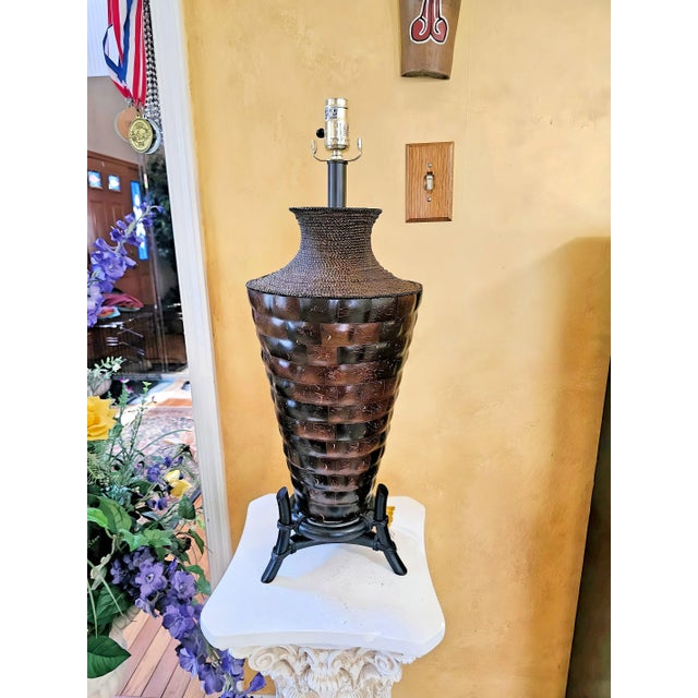 Michael Berman Mid-Century Modern Walnut Large Berman Pleated Table Lamp With Shade For Sale - Image 4 of 12