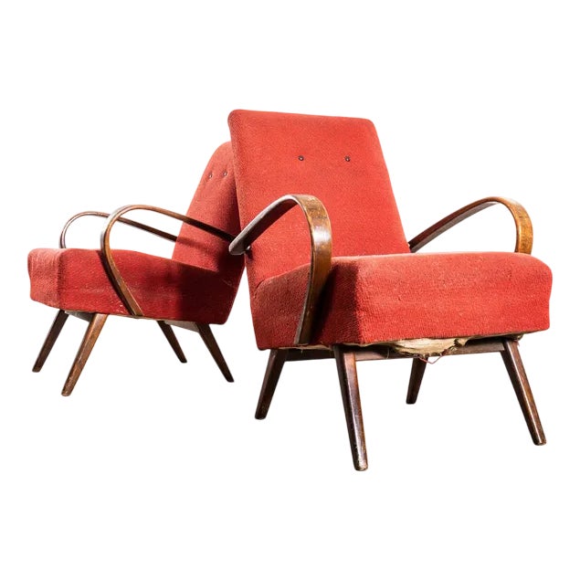 Armchair in Tomato Geometric Check Bouclé Fabric Arrmchair with Sprung Seat by Jaroslav Šmídek, 1950s For Sale