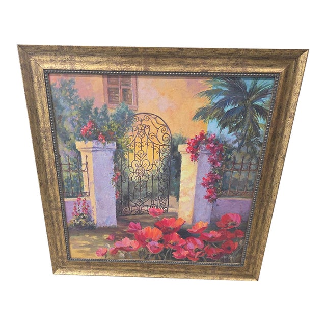Late 20th Century Joan Cole Framed Garden Gate Painting – Home Interiors – 31″ Square For Sale