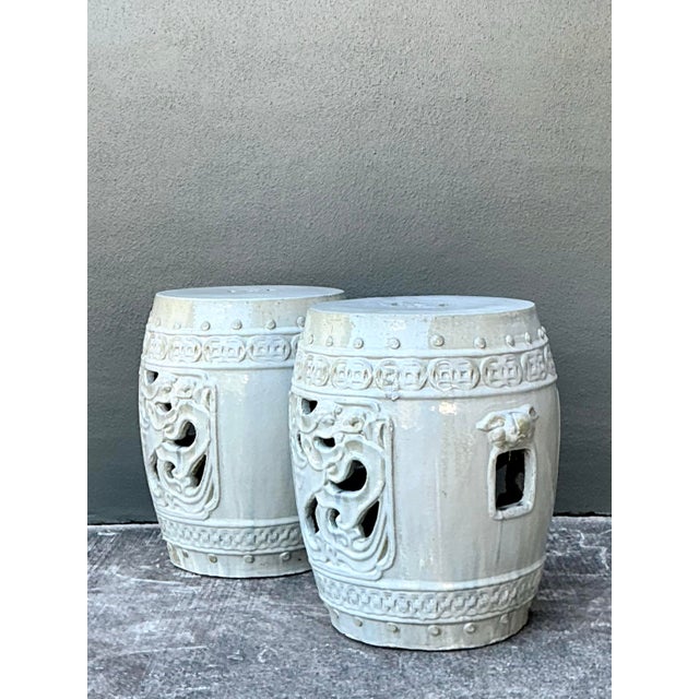 Vintage Glazed Ceramic Garden Stools - A Pair For Sale - Image 9 of 12
