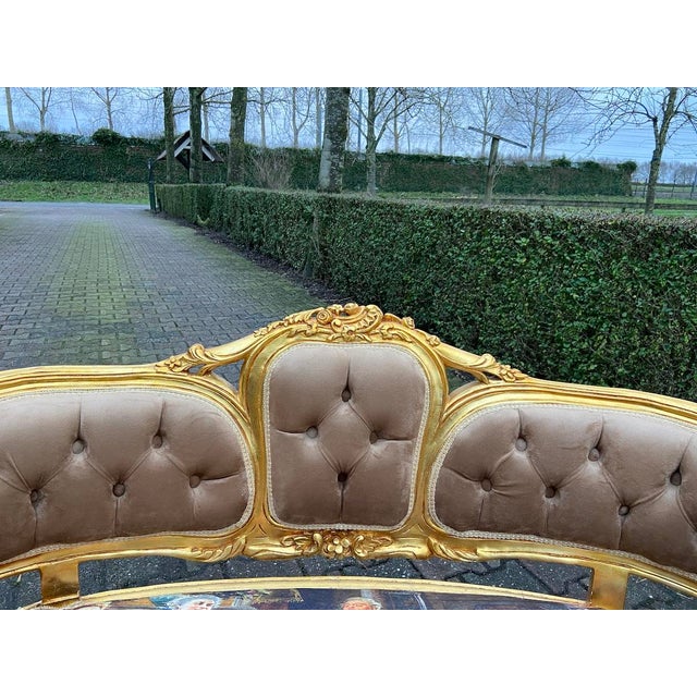 1970s French Louis XVI Gold Beech Brown Velvet Settee 1pc For Sale - Image 4 of 14