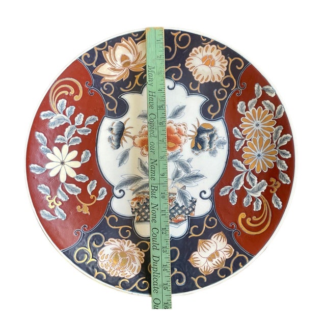 Chinese Vintage Chinese Imari Charger Plate – Large 16" - Hand-Painted Porcelain With Peony & Floral Motif – Blue Gold For Sale - Image 3 of 9