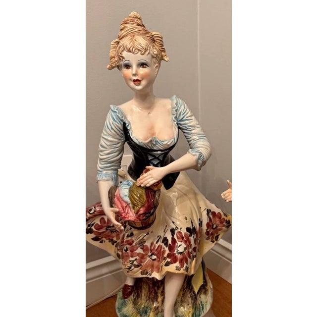 Huge 28" Vintage Capodimonte Porcelain Figurine Pair - Italian Peasant Couple - Crown N Mark - XL Floor Statues Hand Painted Italy Decor For Sale - Image 6 of 8