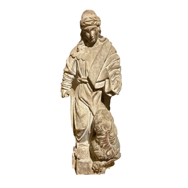 Stunning antique circa 1900 art work hand carved sculpture of saint Daniel and the lion , he carries the scroll on a hand...